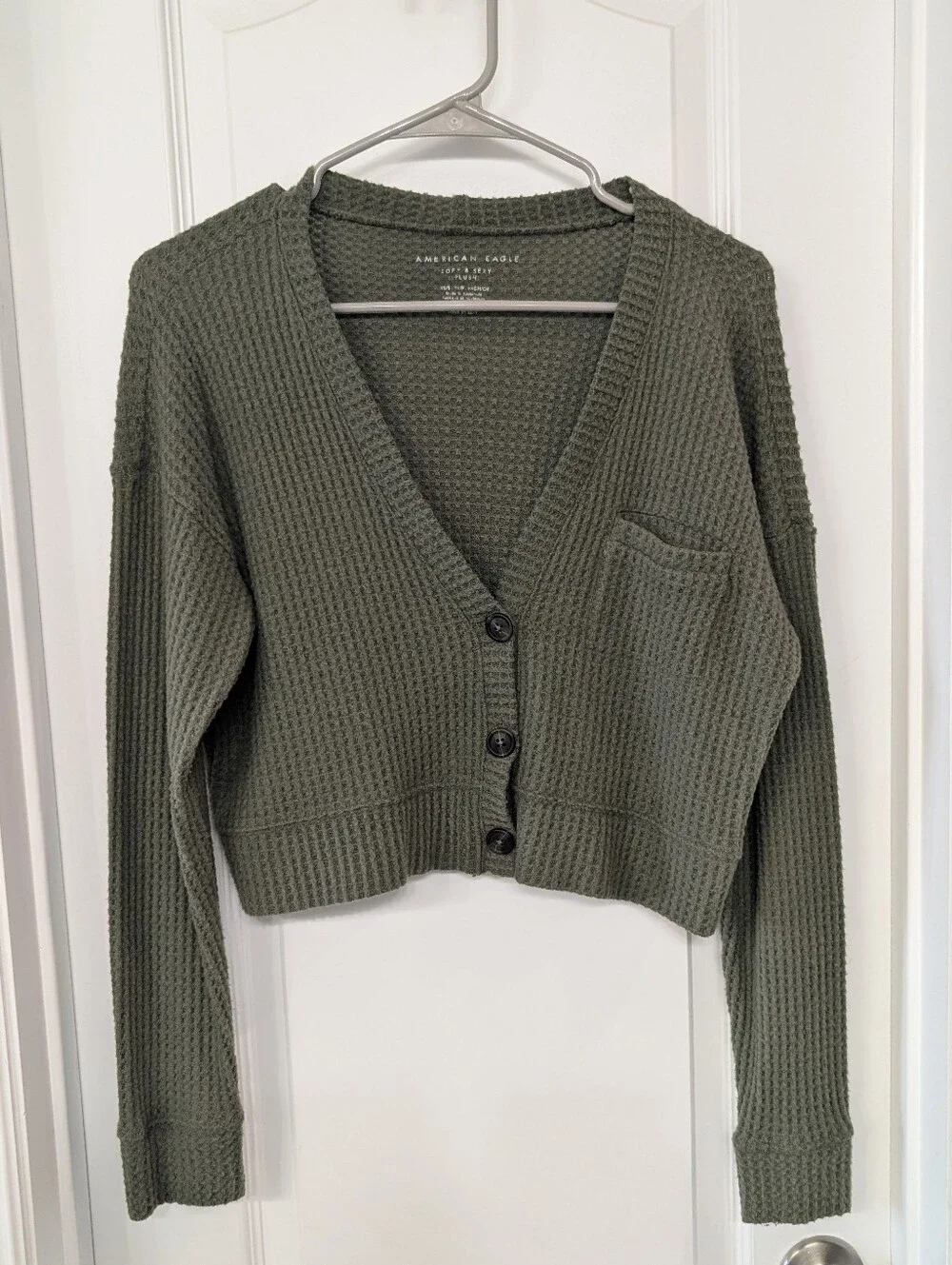 American Eagle Outfitters Olive Green Waffle-Knit Cropped Cardigan